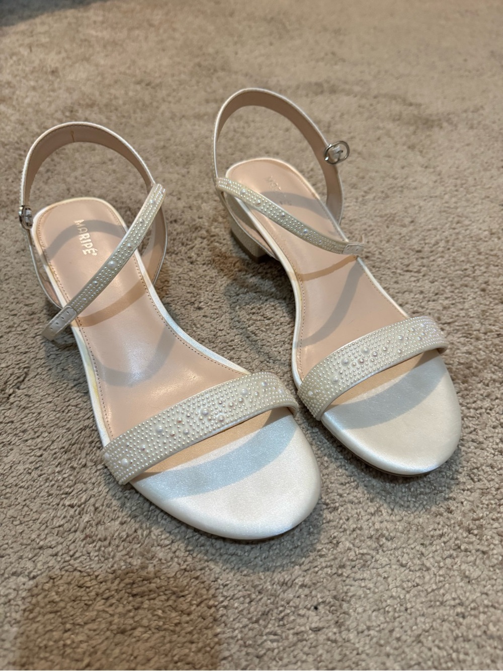 Maripe Ivory Pearl-Embellished Low Block Heel Sandals